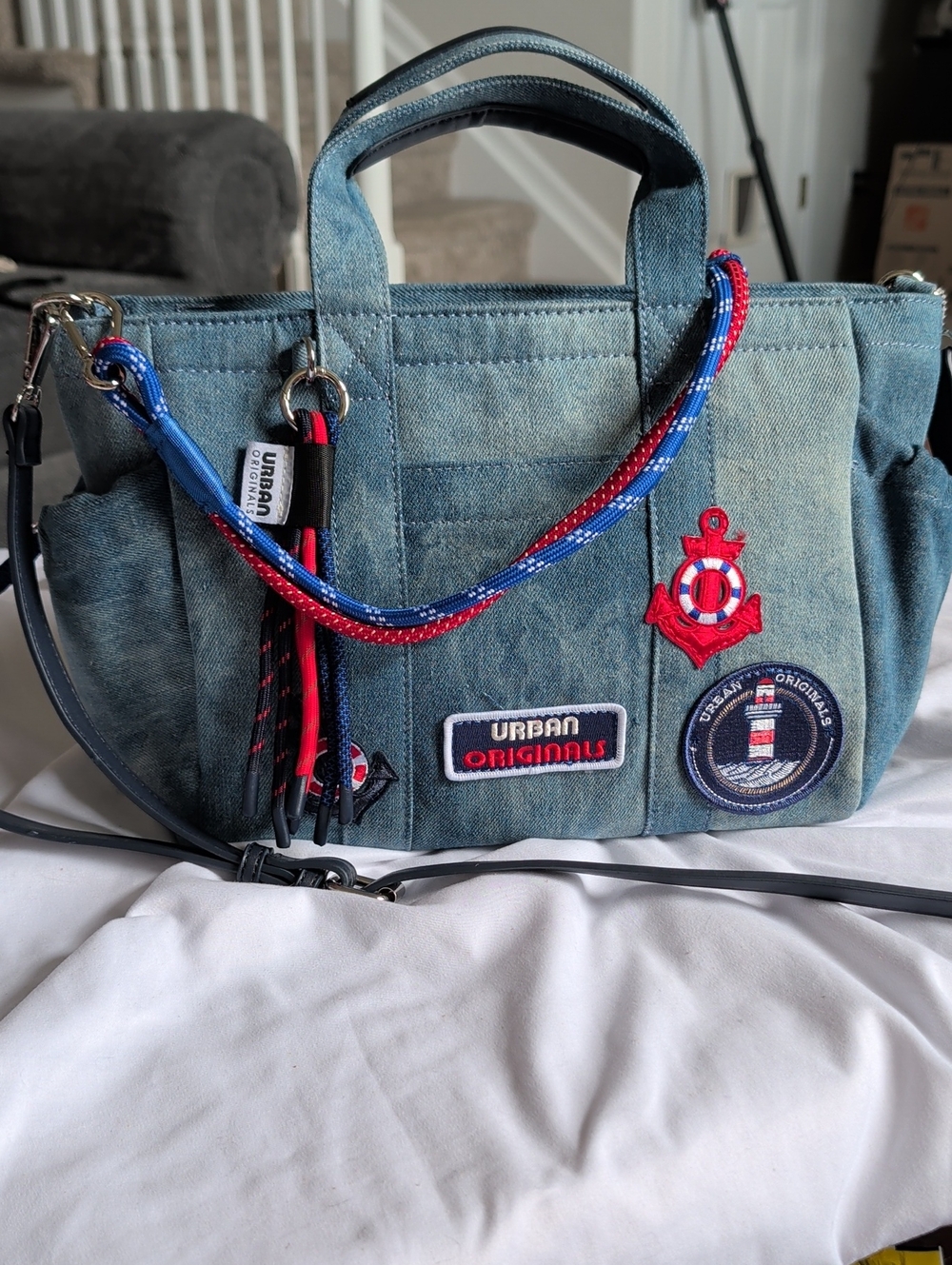 Urban Originals Blue Denim Patchwork Shoulder Tote with Red-Navy Accents